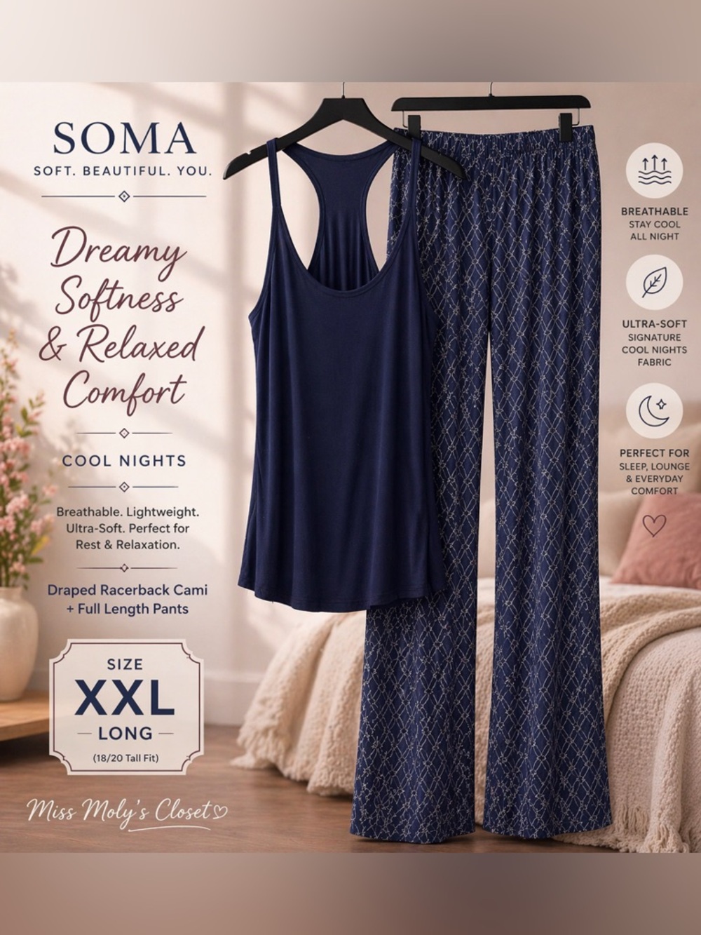 Soma Cool Nights 2PC Lounge Set XXL Long Racerback Cami Pants